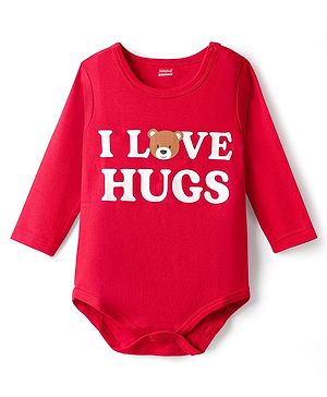 Babyhug 100% Cotton Interlock Knit Full Sleeves Onesie with I Love Hugs & Teddy Print - Red