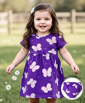 Babyhug Cotton Knit Half Sleeves Butterfly Printed Frock With Bow Applique & Bloomer - Purple