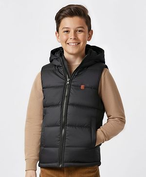 Pine Kids Woven Sleeveless Solid Hooded Padded Jacket - Black