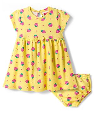 Babyhug Cotton Knit Half Sleeves Frock With Strawberry Print & Bloomer - Yellow