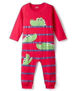 Babyhug 100% Cotton Interlock Knit Full Sleeves Romper with Croco Print - Red
