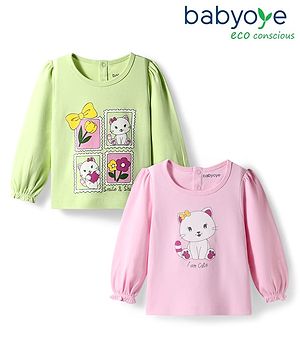 Babyoye 100% Cotton Knit With Eco Jiva Finish Full Sleeves T-Shirts with Kitty & Floral Print Pack of 2 - Light Green & Pink