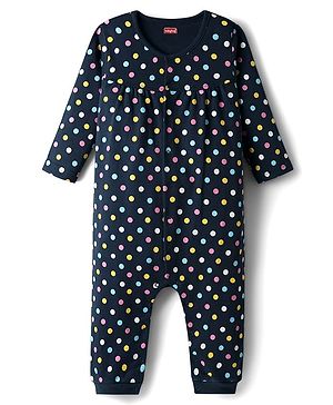 Babyhug 100% Cotton Interlock Knit Full Sleeves Romper with Polka Dot Print - Navy Blue