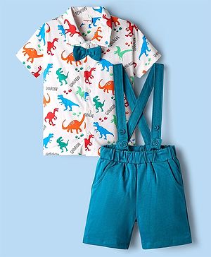 Babyhug Single Jersey Knit Half Sleeves Dino Printed Shirt & Shorts Set With Attached Suspender & Bow Applique - White & Blue