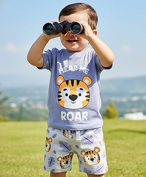 Babyhug Single Jersey Knit Half Sleeves T-Shirt  & Shorts Set Animal Print - Lavender