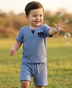 Babyhug Single Jersey Knit  Half Sleeves Textured T-Shirt & Shorts Set With Teddy Patch Embroidery - Blue
