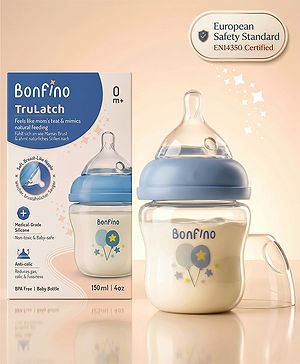 Bonfino TruLatch Ultra-Wide Neck Baby Feeding Bottle 150 ml - Blue| 0+ Months| Anti-Colic Valve| Soft Skin-Like Silicone Teat| BPA Free| Easy to Clean & Hygienic Wide Neck Design
