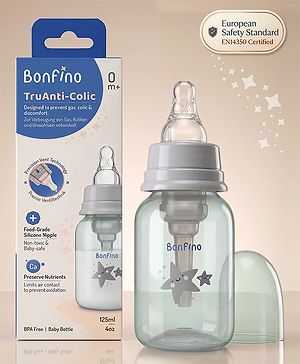 Bonfino TruAnti-Colic Baby Feeding Bottle 125 ml - Grey| 0+ Months| Special Vent System| Food-Grade Silicone Nipple| BPA Free| Premium Baby Bottle| Preserves Nutrients| Measuring Scale