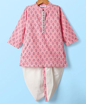 Babyhug Cotton Woven Full Sleeves Kurta Dhoti Set With Floral Print - Pink