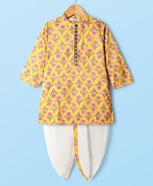 Babyhug Cotton Woven Full Sleeves Kurta Dhoti Set with Floral Print - Yellow & White