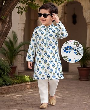 Babyhug Cotton Woven Full Sleeves Kurta & Pyjama Set With Floral Print - White