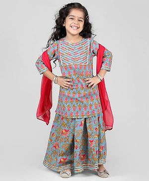 Babyhug Cotton Woven Three Fourth Sleeves Floral Printed Kurti Lehenga Set with Dupatta - Light Blue