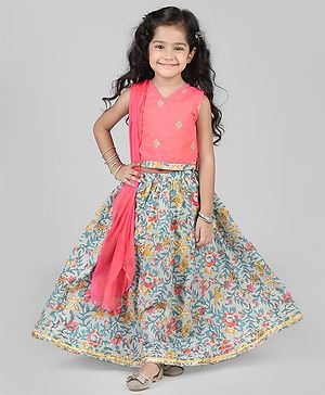 Babyhug Cotton Woven Sleeveless Floral Printed & Embroidered Choli Lehenga Set with Dupatta - Pink