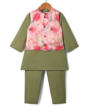 Babyhug Cotton Woven Full Sleeves Kurta Pajama Set with Digital Printed Jacket - Olive Green