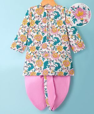 Babyhug Cambric Woven Full Sleeves Kurta Dhoti Set With Floral Print - Pink