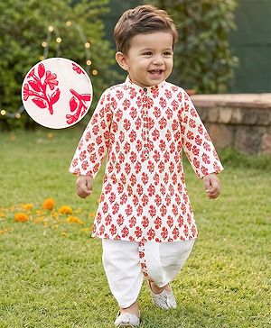 Babyhug Cotton Woven Full Sleeves Cambric Printed Kurta Dhoti Set with Digital Floral Print - White & Pink