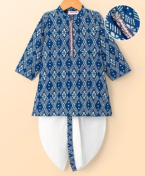 Babyhug Cotton Woven Full Sleeves Cambric Digital Printed Kurta Dhoti Set - Indigo