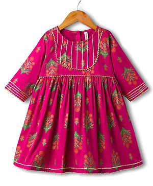 Babyhug Cotton Woven Three Fourth Sleeves Ethnic Dress with Floral Print - Dark Pink