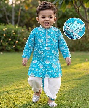 Babyhug Cotton Woven Full Sleeves Kurta & Dhoti Set with Floral Print - Light Blue & White