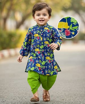 Babyhug Cotton Woven Full Sleeves Kurta Dhoti Set Floral Print - Blue