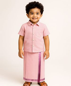 Babyhug Woven Half Sleeves Solid Shirt & Mundu Set - Plum