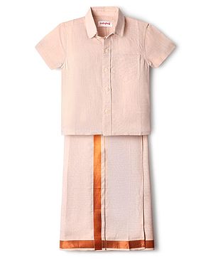 Babyhug Woven Half Sleeves Solid Shirt & Mundu Set - Peach
