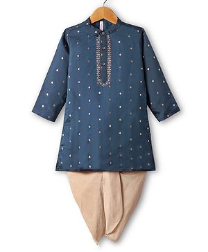 Babyhug Woven Full Sleeves Kurta Dhoti Set With Foil Print - Teal Blue