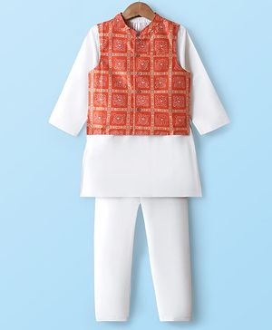 Babyhug Woven Full Sleeves Solid Coloured Kurta Pyjama Set With Brocade Jacket - White & Red