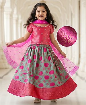 Babyhug Woven Half Puffed Sleeves Choli Lehenga Set with Dupatta Floral Embroidery & Sequin Detailing - Fuchsia