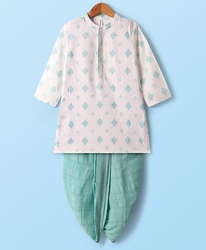 Babyhug Woven Full Sleeves Printed Kurta With Embroidered Dhoti Set - Turquoise & White
