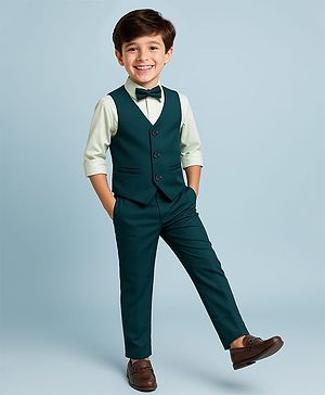 Pine Kids Knit Full Sleeves Solid 3 Piece Party Suit With Bow - Dark Green