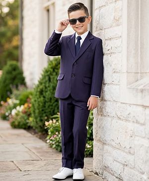 Pine Kids Knit Full Sleeves Solid 3 Piece Party Suit With Bow - Navy Blue