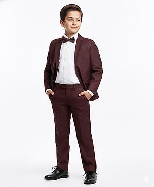 Pine Kids Knit Full Sleeves Solid 3 Piece Party Suit With Bow - Brown & White