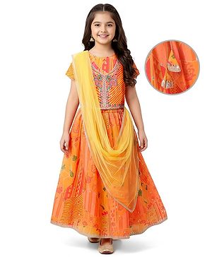 Pine Kids Woven Half Sleeves Striped Choli Lehenga Set with Dupatta Floral Print & Embroidery - Orange