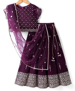 Pine Kids Woven Half Sleeves Choli Lehenga Set with Dupatta & Sequin Detailing - Wine
