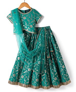 Pine Kids Woven Half Sleeves Choli Lehenga Set with Dupatta & Zari Detailing - Mint