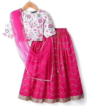 Pine Kids Woven Half Sleeves Choli Lehenga Set with Dupatta Floral Glitter Print & Lace Detailing - Pink