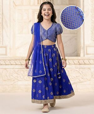 Pine Kids Woven Half Puffed Sleeves Choli Lehenga Set with Dupatta Motif Glitter Print & Lace Detailing - Royal Blue
