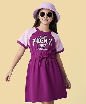 Pine Kids Cotton Knit Half Raglan Sleeves Winter Frock With Text Print - Purple