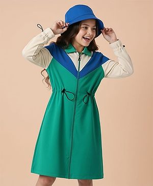 Pine Kids Cotton Knit Full Sleeves Winter Frocks With Cut & Sew Design - Green