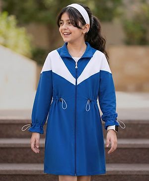 Pine Kids Cotton Knit Full Peasant Sleeves Color Block Winter Frock - Royal Blue & White