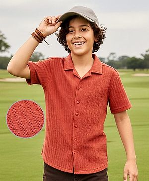 Pine Kids Cotton Knit Half Sleeves Textured Shirt - Rust Orange