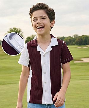 Pine Kids Knit Half Sleeves Shirt With Stripes - Wine & White