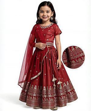 Babyhug Woven Half Sleeves Lehenga Choli With Dupatta Set Embroidery & Sequin - Maroon
