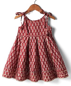 Babyhug 100% Cotton Sleeveless Full Length Floral Printed Ethnic Dress - Maroon