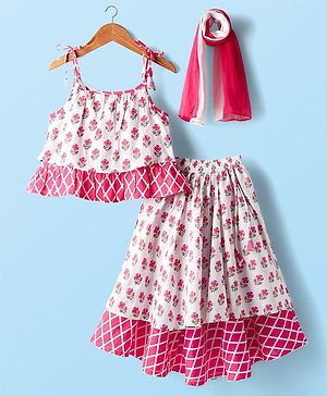 Babyhug 100% Cotton Sleeveless Floral Cambric Printed Lehenga & Choli Set With Dupatta - Pink & White