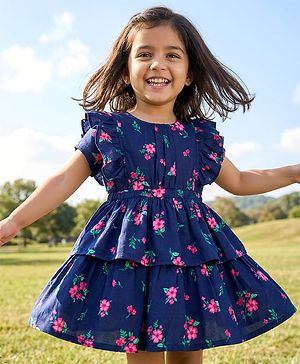 Babyhug Cotton Woven Half Sleeves Frock with Floral Print - Navy Blue