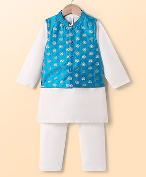 Babyhug Woven Full Sleeves Embroidered Kurta Pajama Set With Brocade Jacket - White