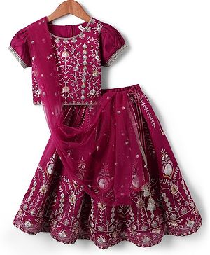 Babyhug Woven Half Sleeves Choli Lehenga & Dupatta Set With Floral Embroidery - Fuchsia