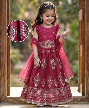 Babyhug Woven Frill Sleeves Choli Lehenga With Dupatta Set & Floral Embroidered - Maroon